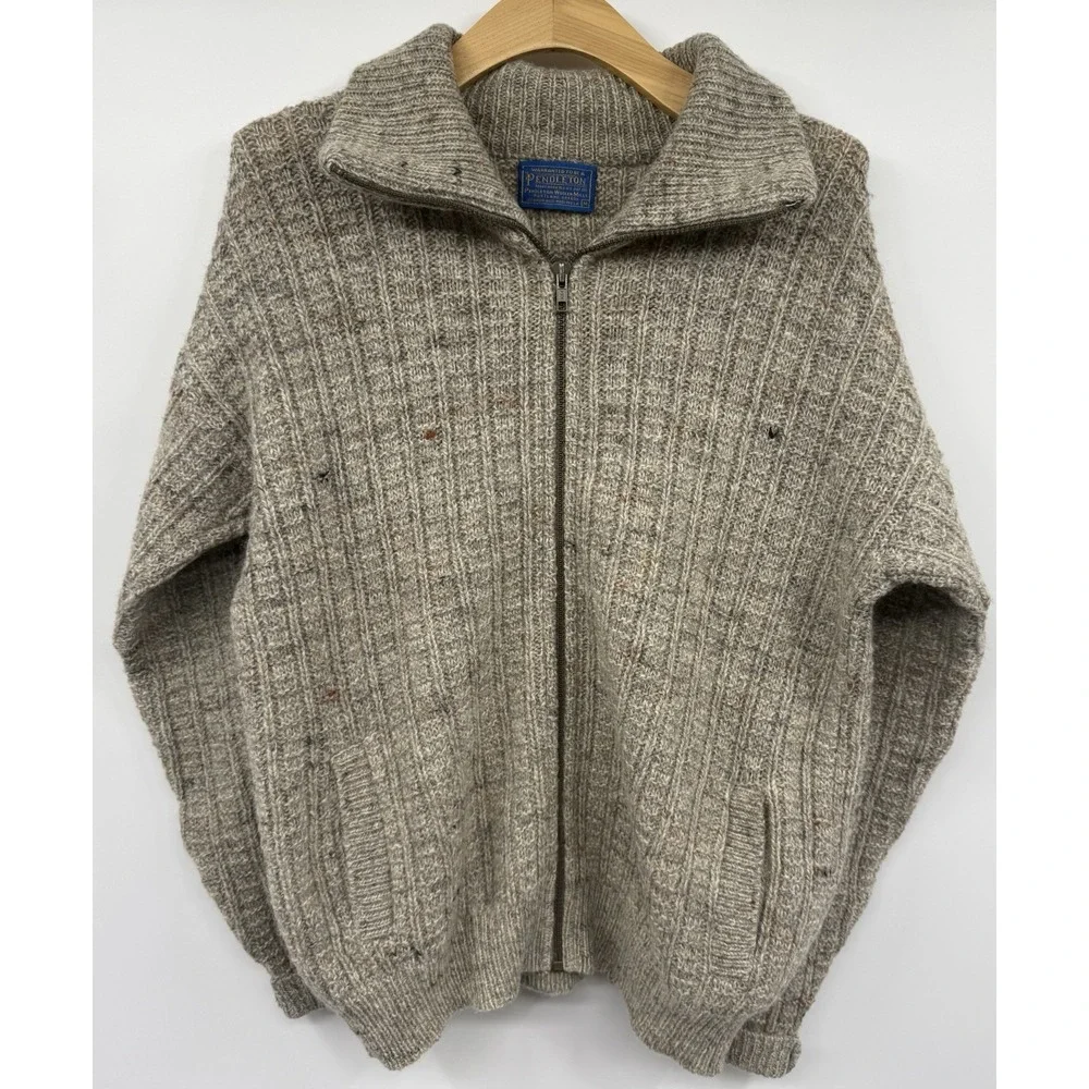 Vintage Pendleton Wool Oatmeal Cardigan Full Zip Collared Sweater Mens M Pockets